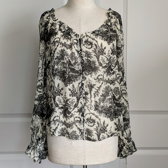 PAIGE Tops - PAIGE Blouse 100% Silk Semi-Sheer Long Sleeves Toile Print Black Parchment S NWT
